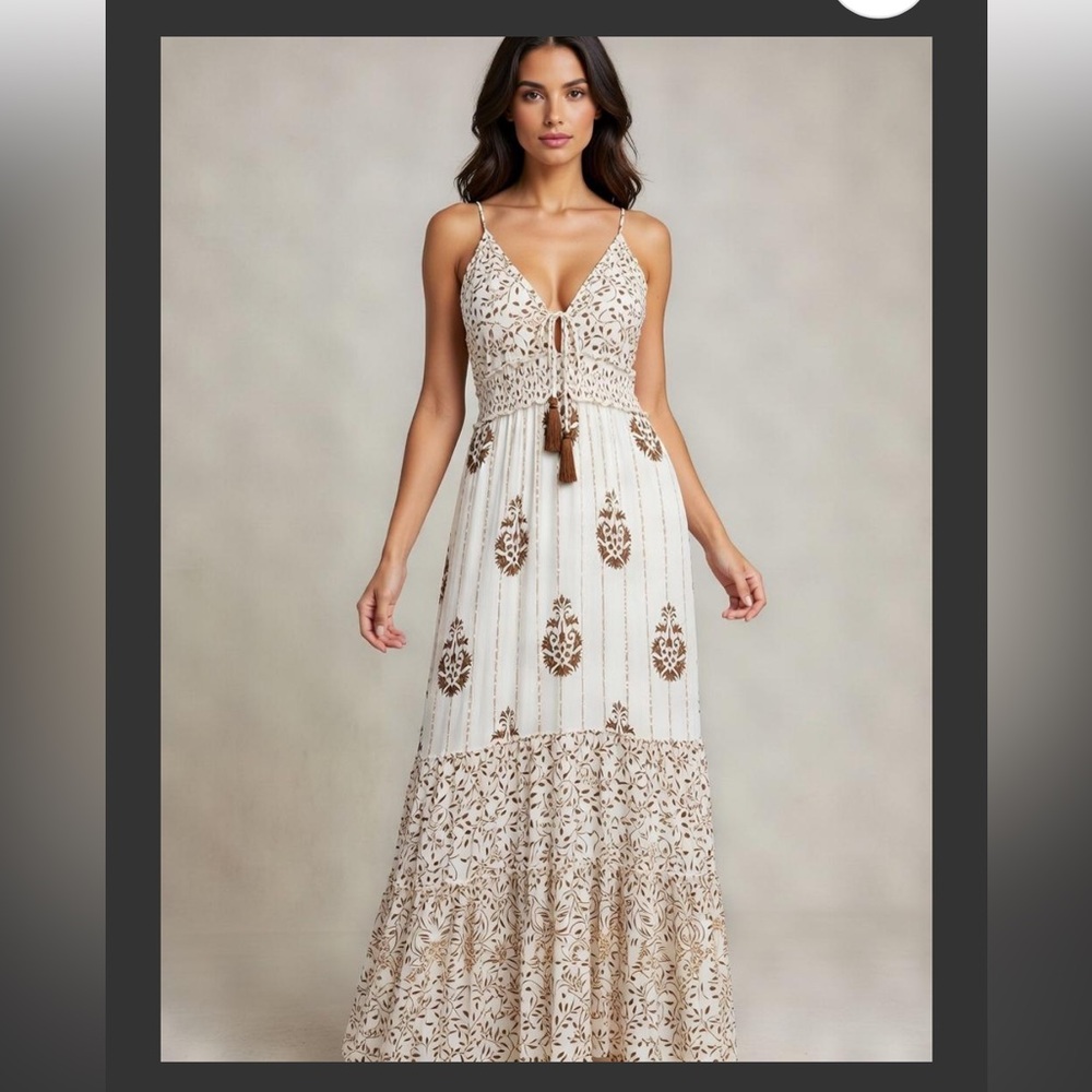 Elegant Cream and Brown EGYPTIAN Maxi Dress